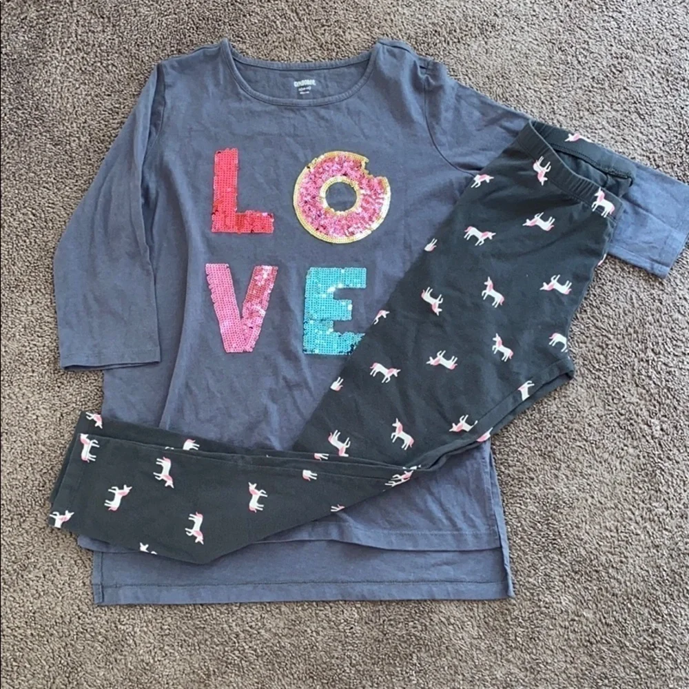 Gymboree Girls 10/12 Outfit Love‎ Donut Sequin Top & Unicorn Leggings Set